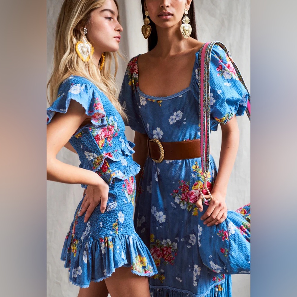 LoveShackFancy Sonora Blue Floral Ruched Ruffle Mini Dress